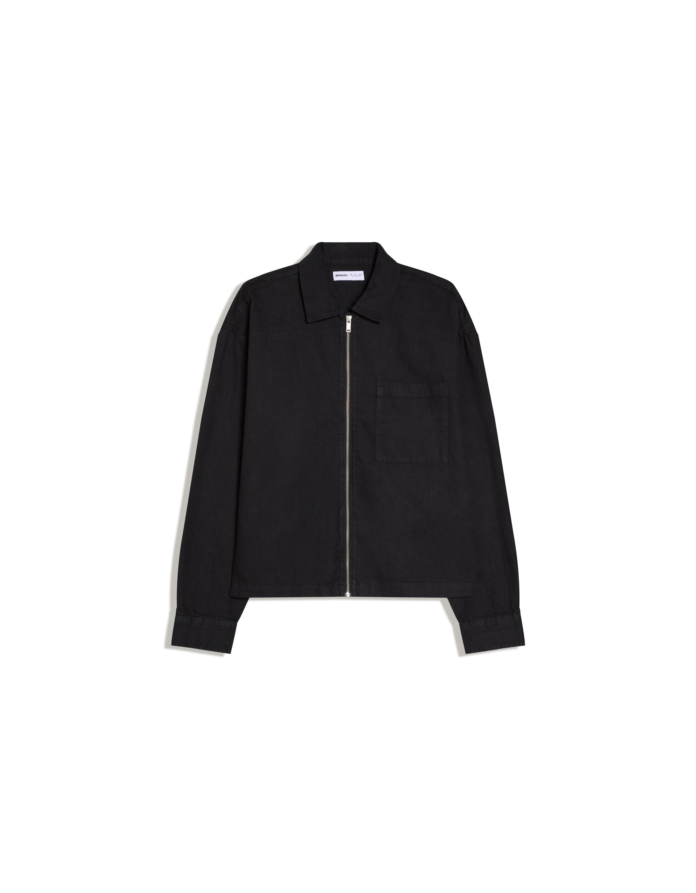 Zip-up overshirt with linen — Black