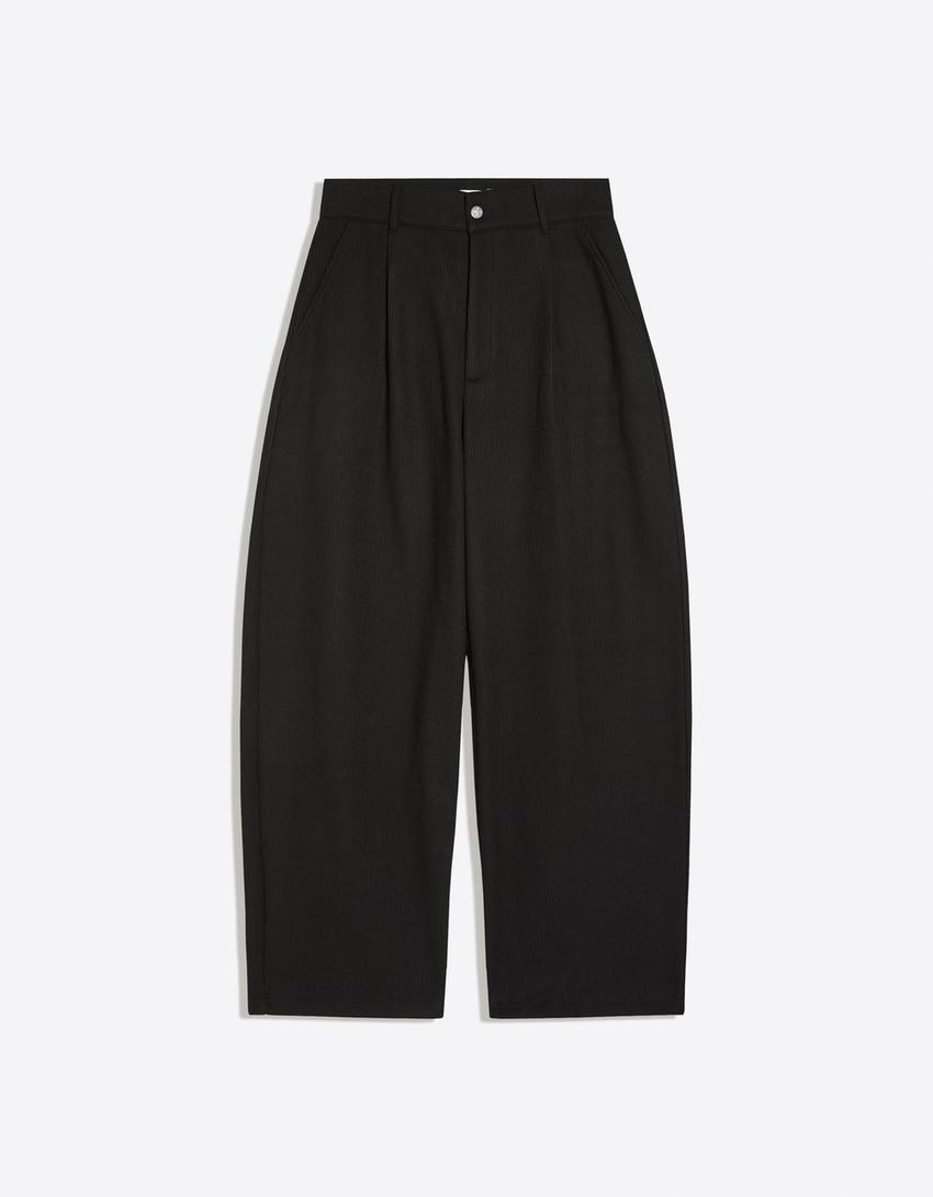 Embroidered waffle-knit balloon trousers-Black