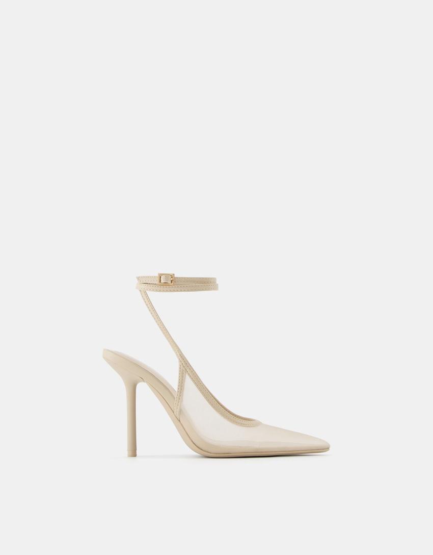 حذاء شبكي عالي الكعب بحزام كاحل-بيج