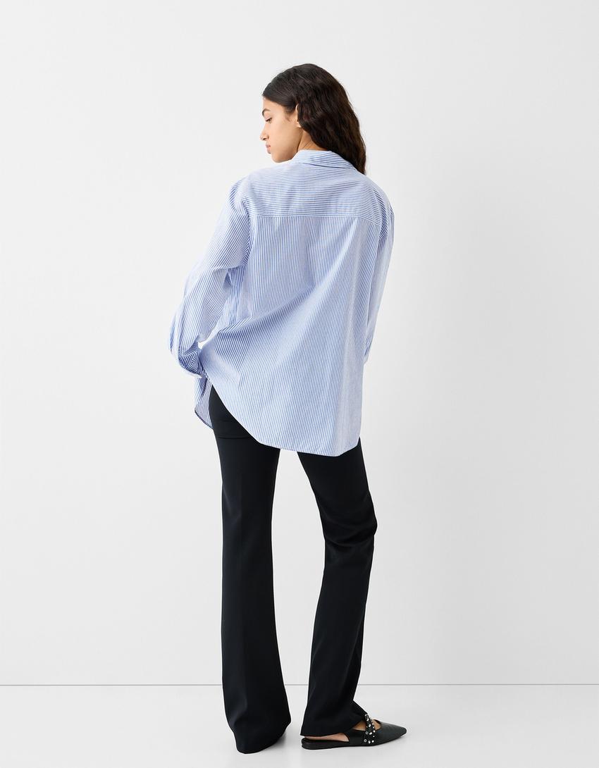 Striped long sleeve poplin shirt-Blue