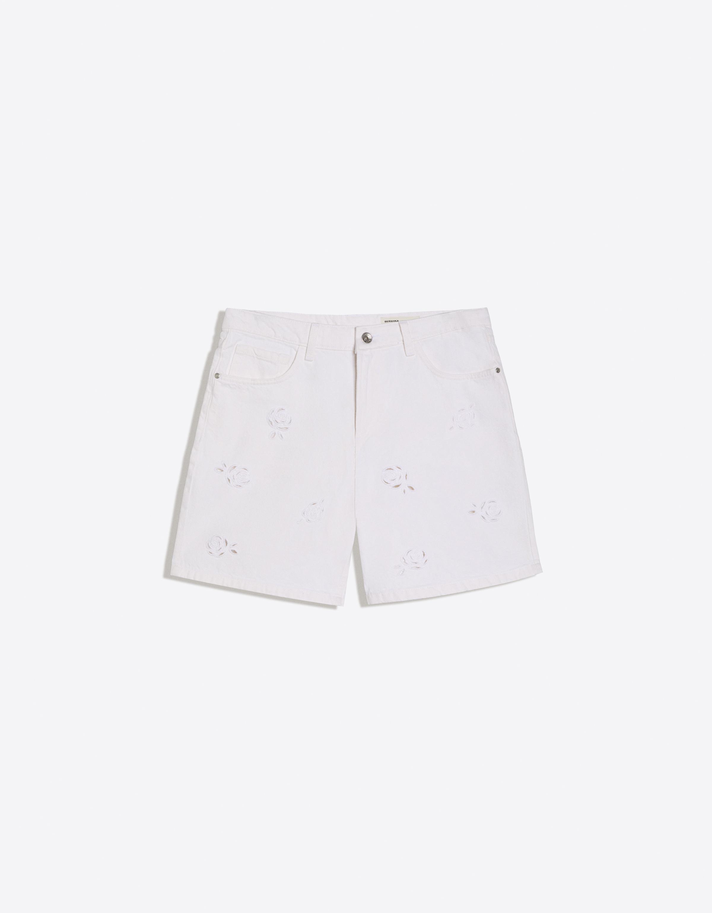 Bershka Bermuda Denim Baggy Bordados Mujer Crudo