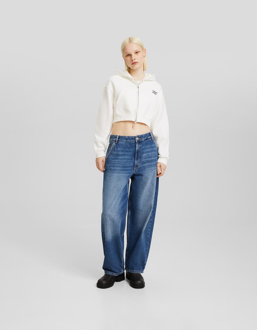 Sweat capuche cropped fermeture Éclair imprimé-Blanc cassé-3