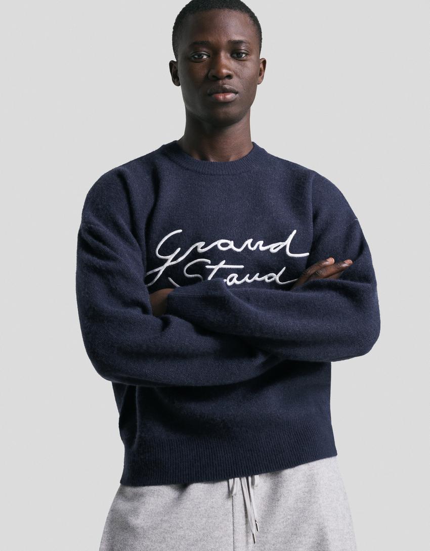 Embroidered jacquard sweater-Navy
