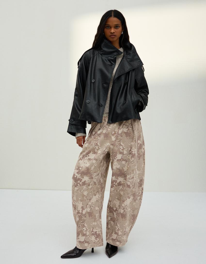 Cropped leather effect trench jacket-Black