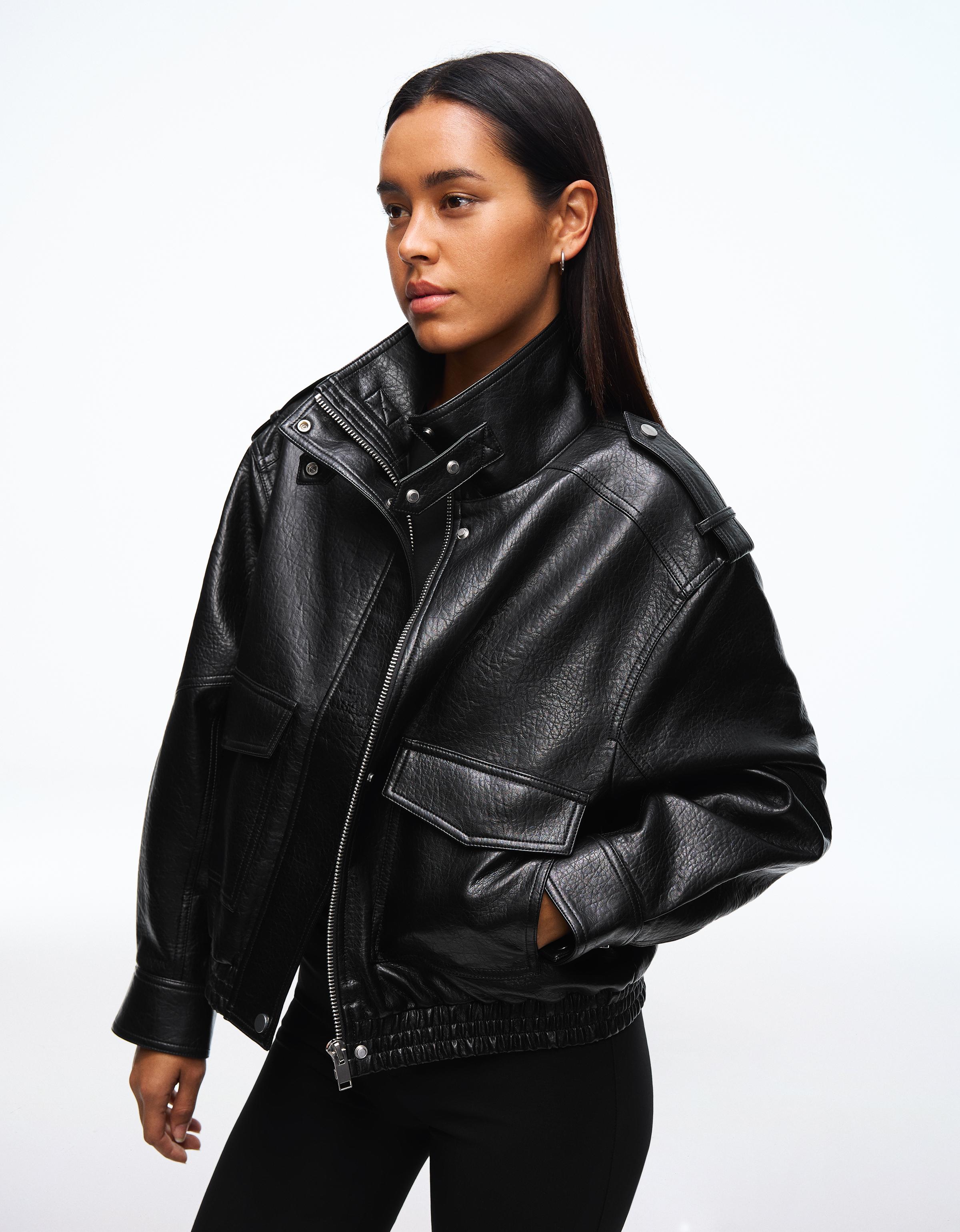 Leather effect funnel neck jacket — Black