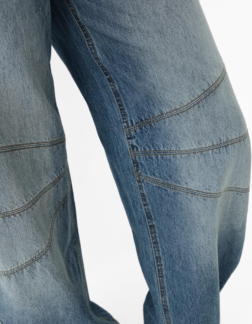 Дънки тип балон с ниска талия и шевове-Синьо с избелял ефект-6