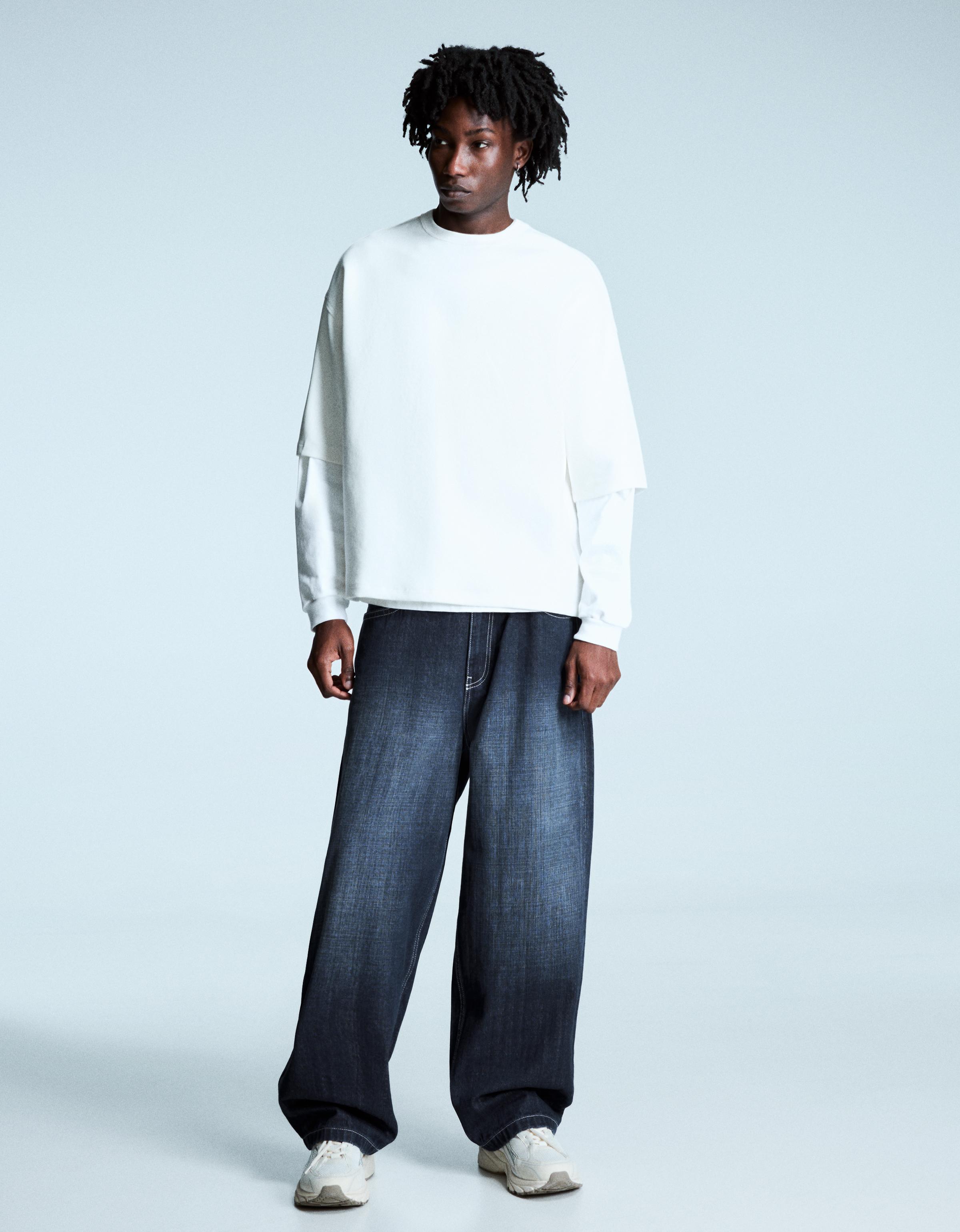 Bershka Superbaggy-Jeans Mit Nieten-Patch Herren 42 Marinenblau