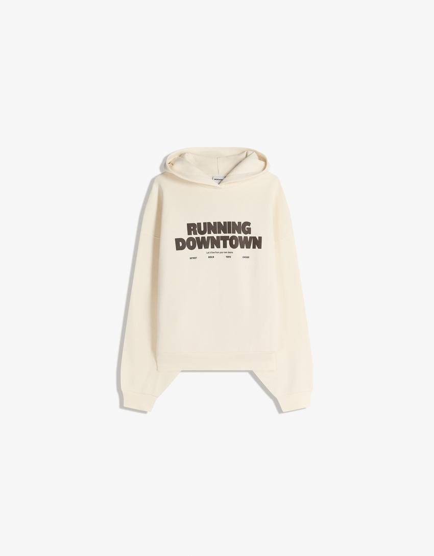 Sudadera oversize capucha print-Crudo