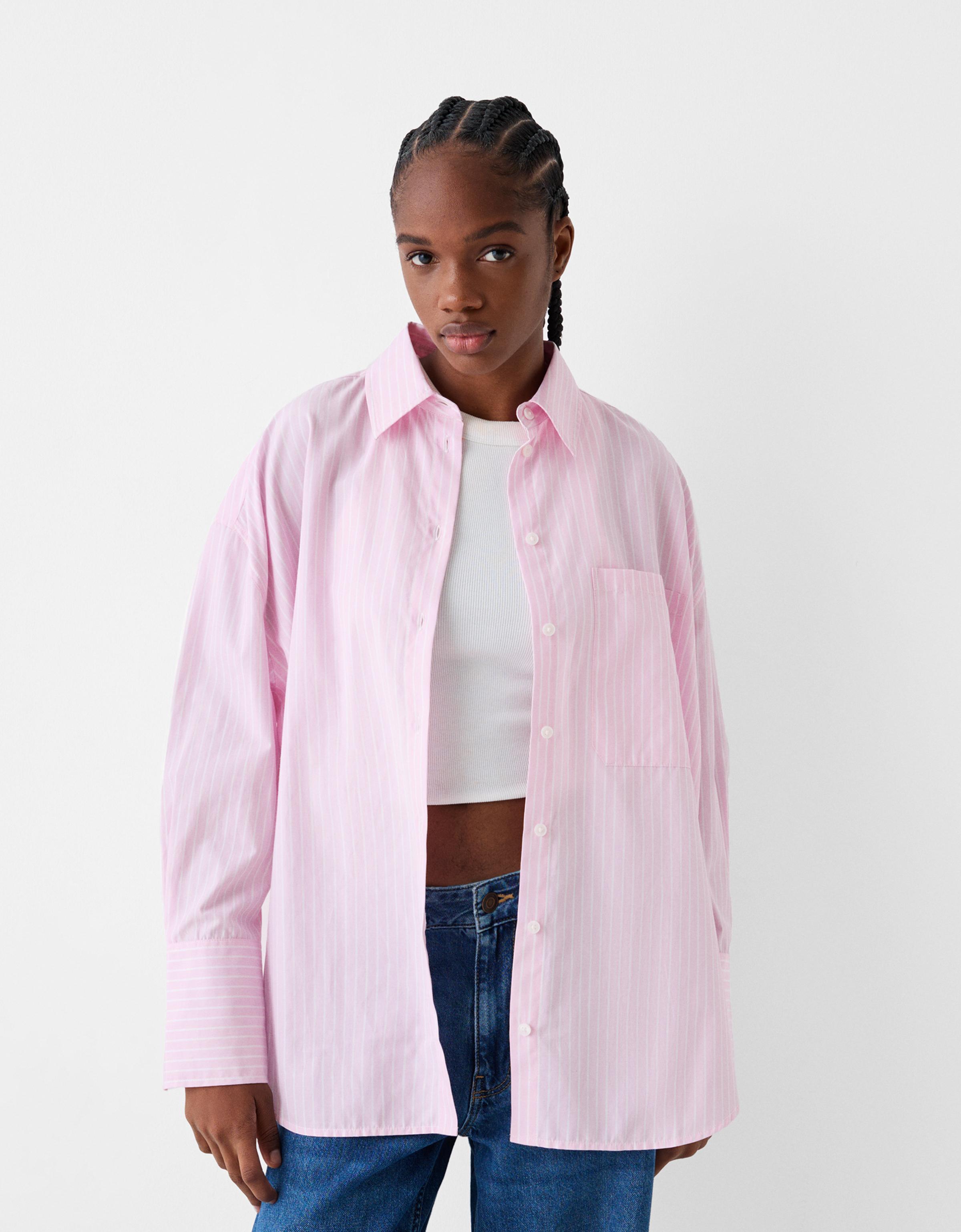 Bershka Oversize-Hemd Mit Langen Ärmeln Und Streifen Damen M Rosa