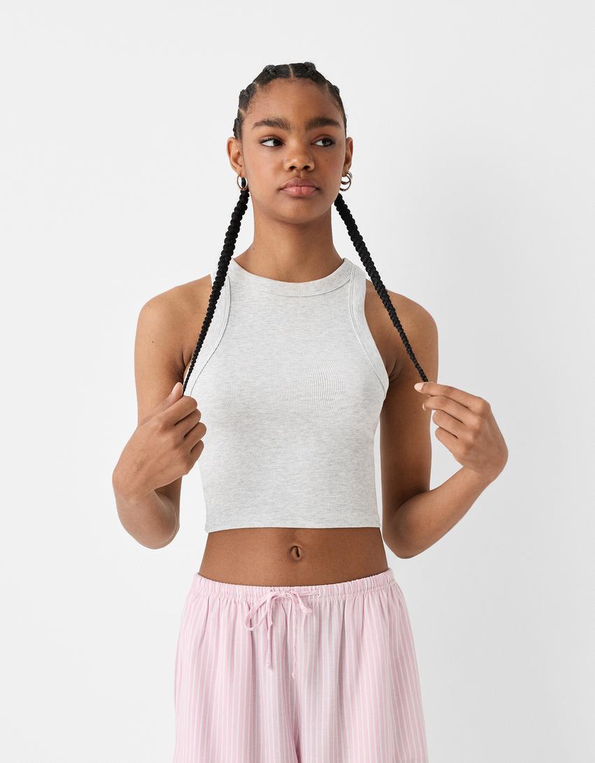 Fitilli kolsuz t-shirt-Gri-1