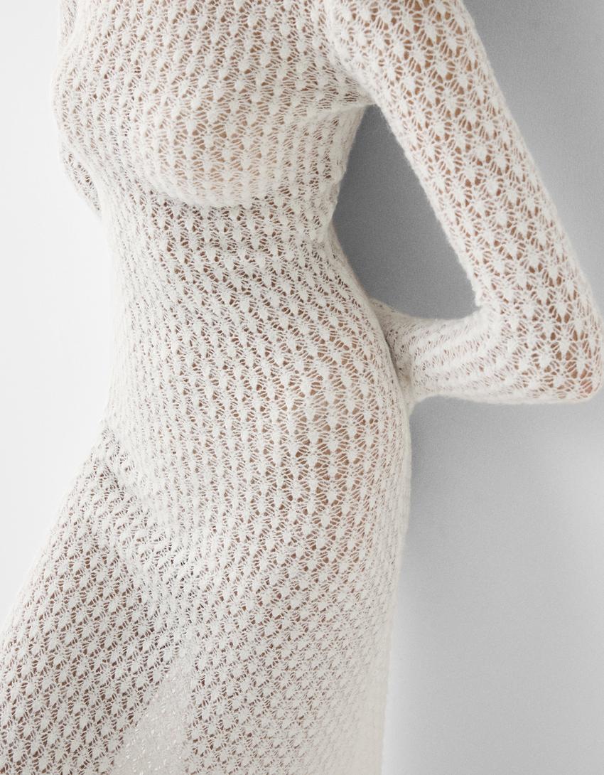 فستان متوسط الطول بحياكة مفتوحة وأكمام طويلة-كريمي-6