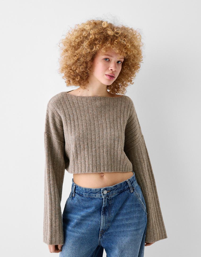 Pull cropped maille bord-côte épaules tombantes-Marron-1