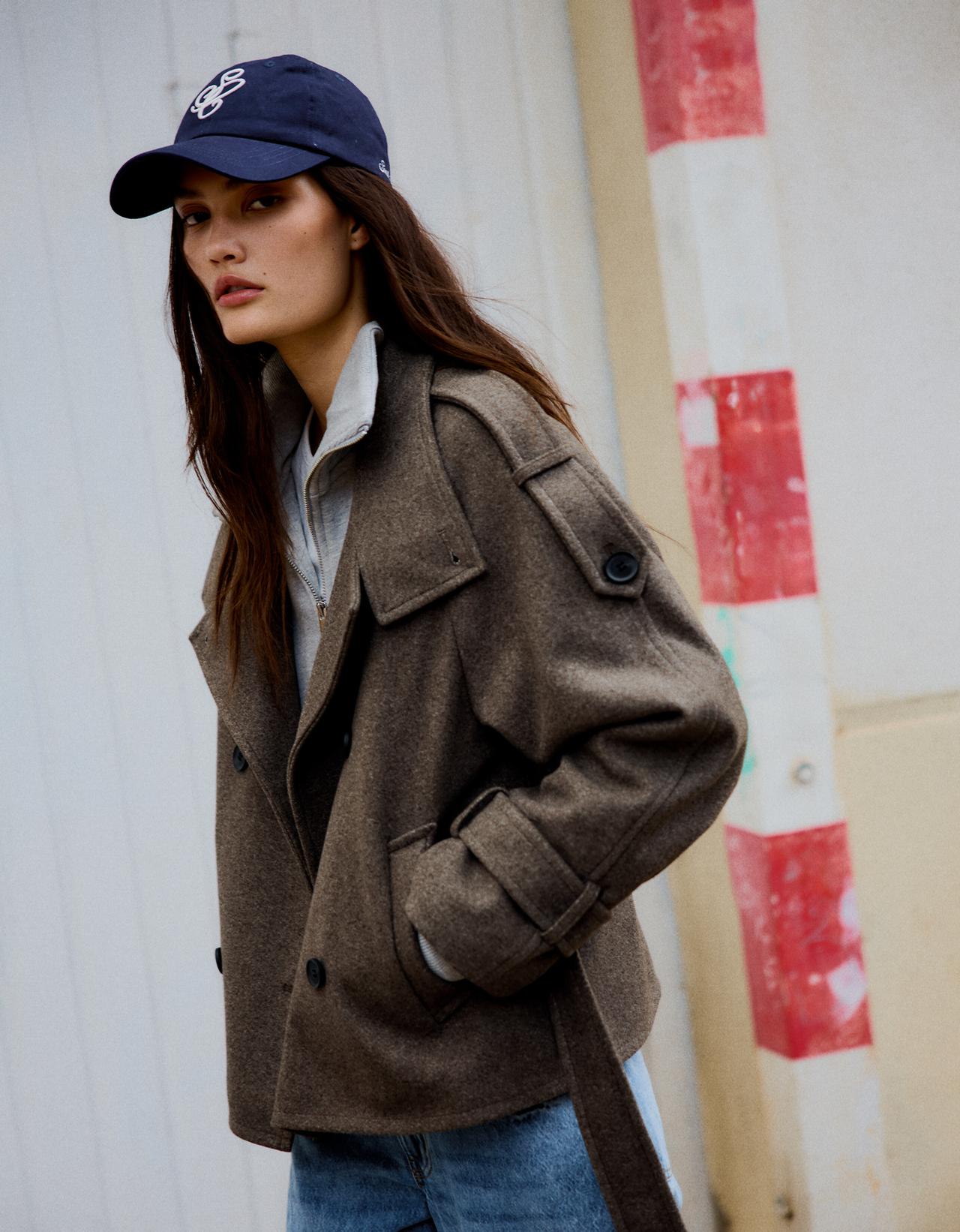 Soft-touch funnel neck trench jacket — Sand