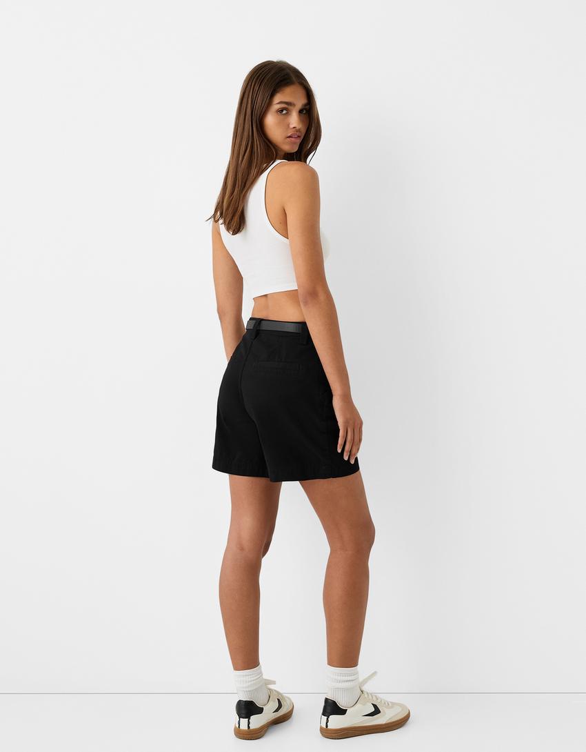 Bermudas algodão com cinto-Preto-2