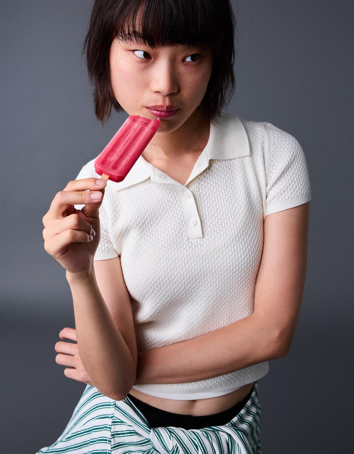 Textured polo collar short sleeve sweater