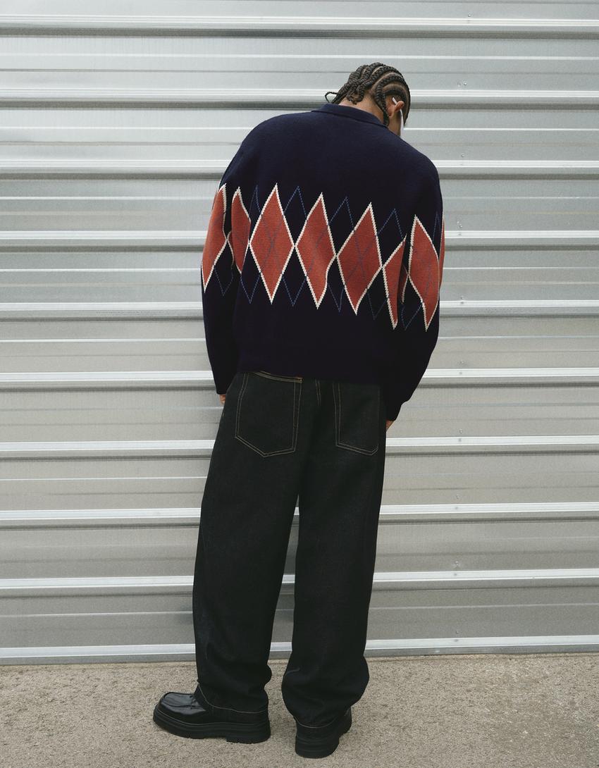 Printed polo collar sweater-Navy
