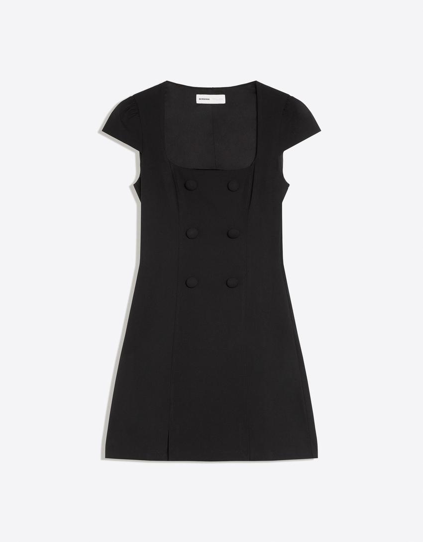 Short sleeve button mini dress-Black