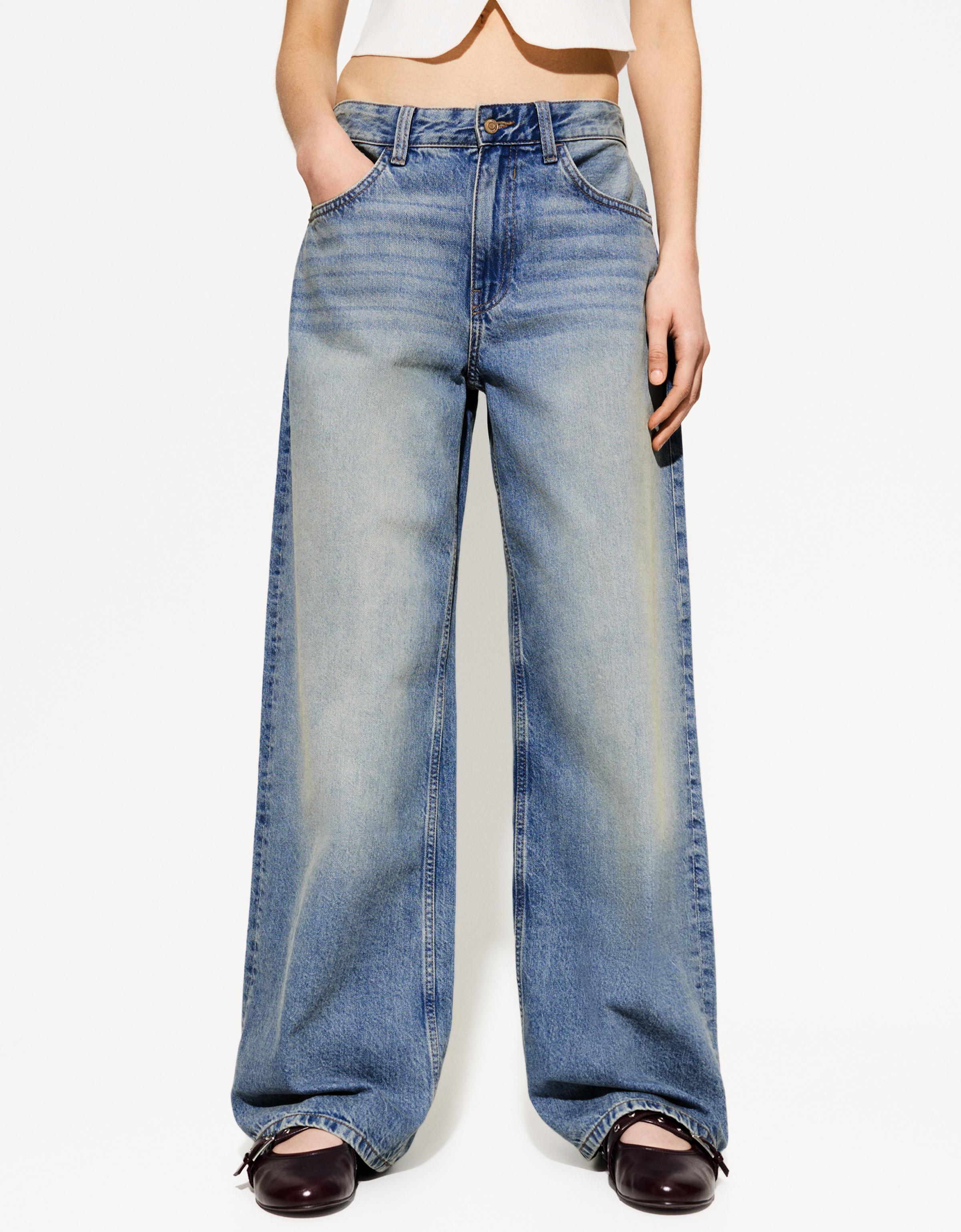 Bershka Wide-Leg-Jeans Damen 10-12 Ausgewaschenes Blau