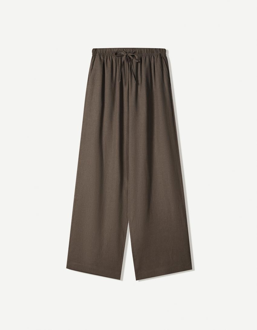 Linnenmix broek met elastische tailleband-Zand