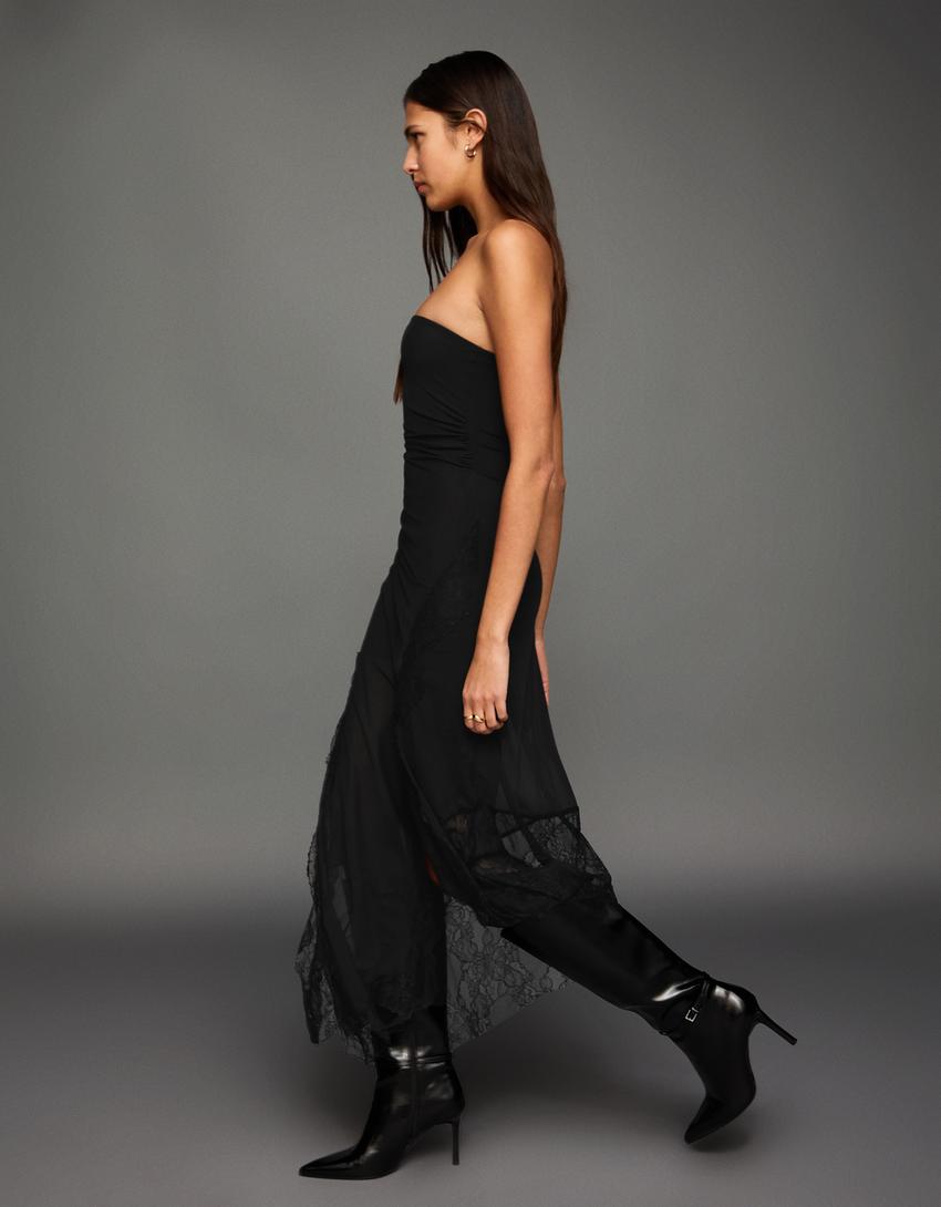Asymmetric lace tulle bandeau midi dress - Dresses and jumpsuits - Women | Bershka Asymmetric lace tulle bandeau midi dress - Dresses and jumpsuits - Women | Bershka