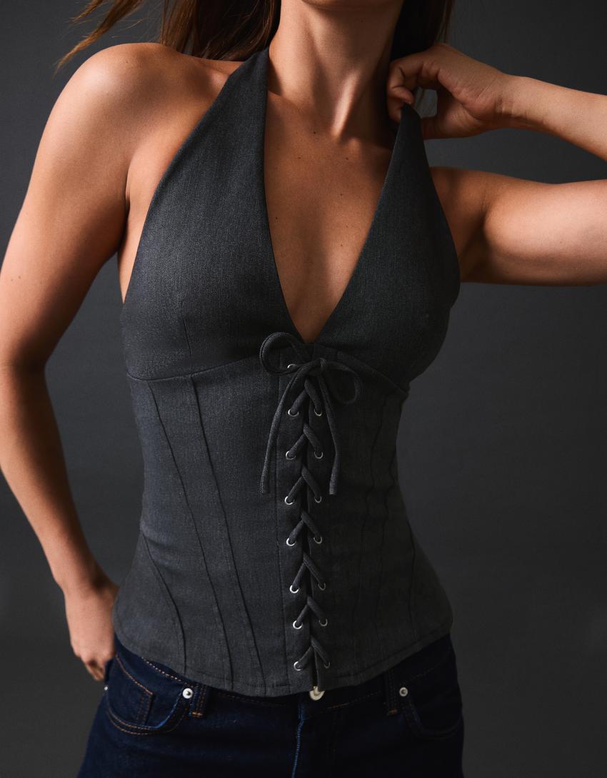 Neckholder-Top in Korsett-Optik-Dunkelblau