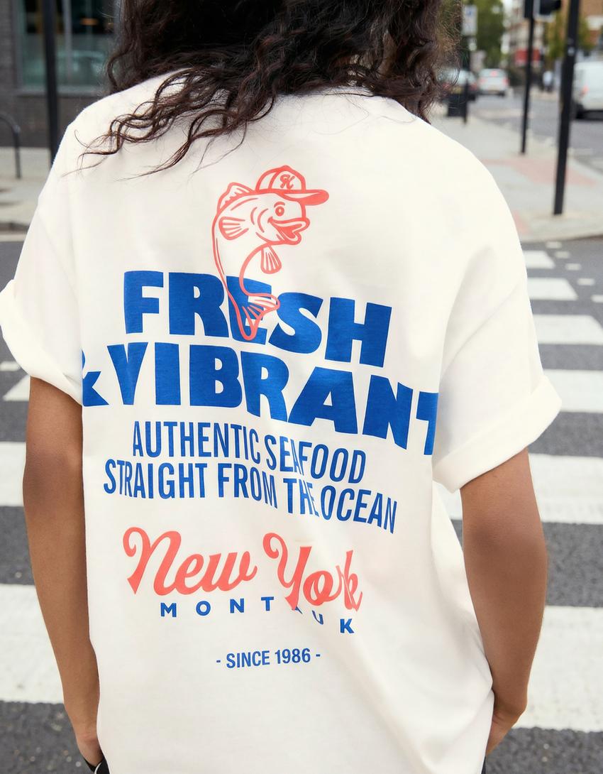 Oversize-T-Shirt mit Print-Grbrochenes Weiss