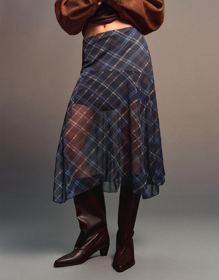 Asymmetric check midi skirt-Navy