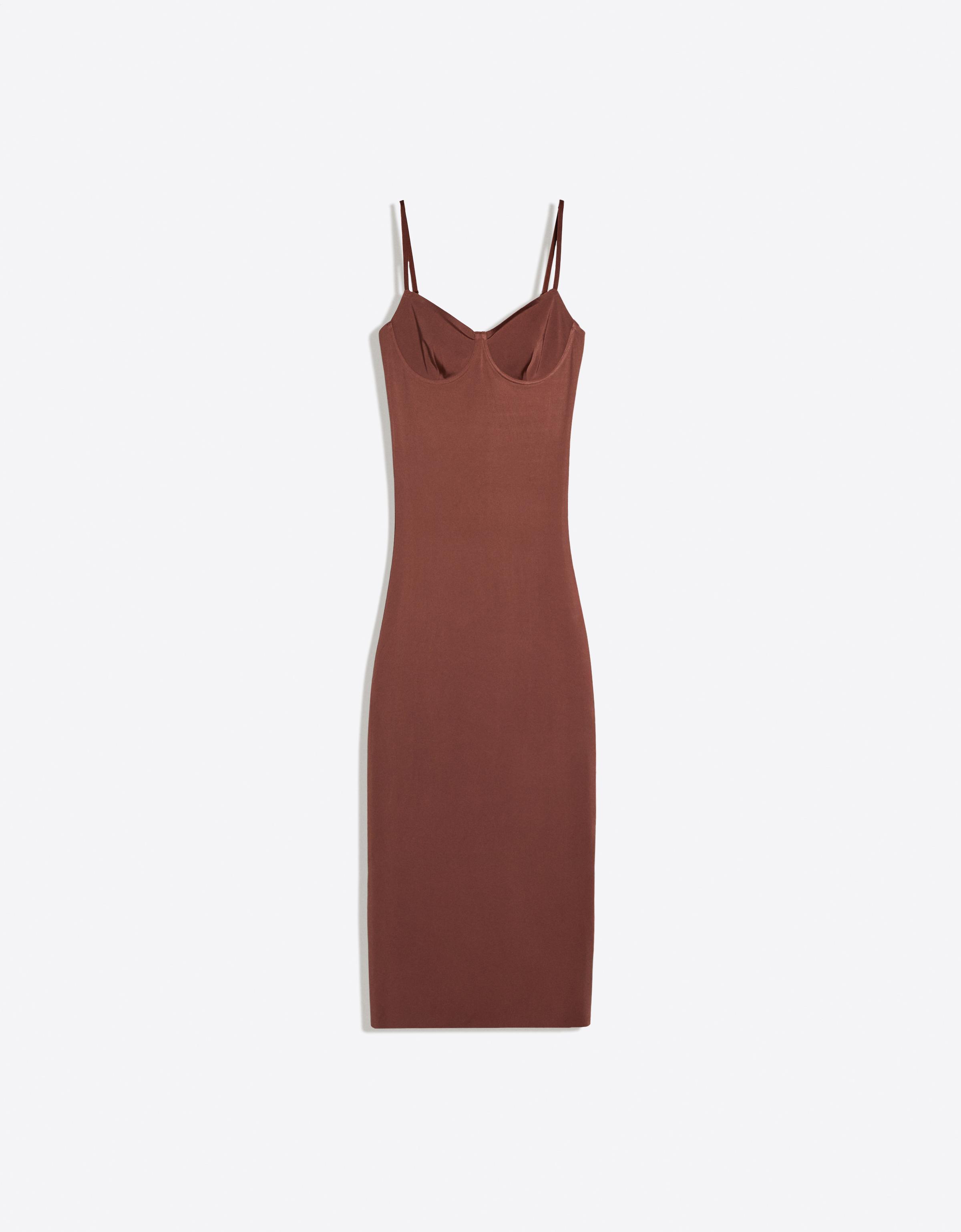 Midi dress with straps and sweetheart neckline — Brown