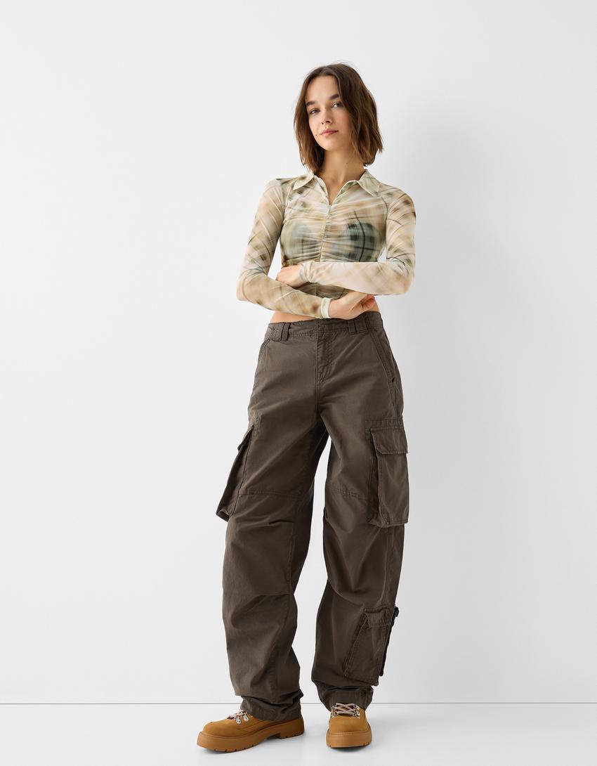 Büzgülü gömlek yaka uzun kollu tül t-shirt-Krem-3