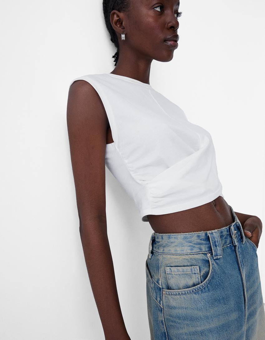 Sleeveless T-shirt with crossover front-White-5