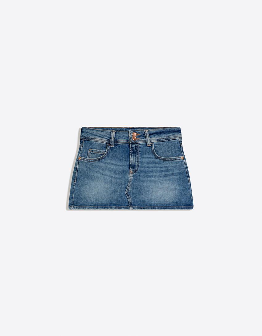 Falda pantalón denim mini elástico-Azul lavado