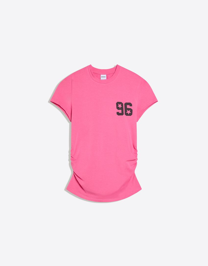 Short sleeve T-shirt with gathering and print-Fuchsia