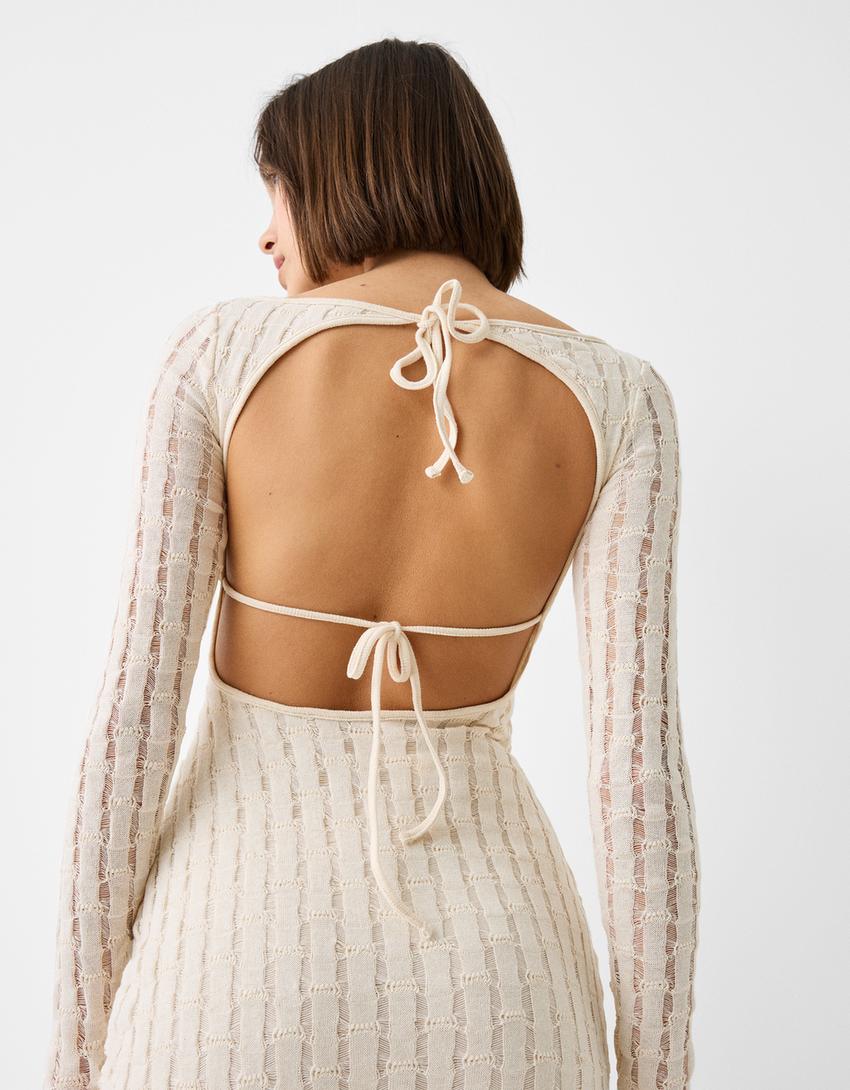 Long sleeve rustic midi dress-Cream-3