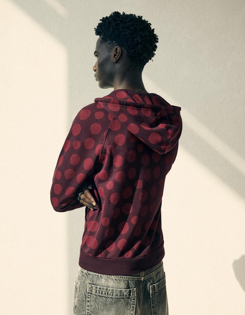 Zip-up print hoodie-Burgundy