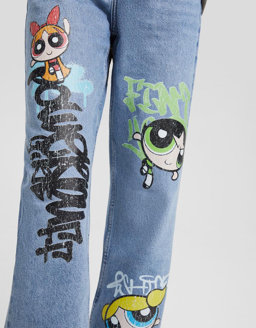 بنطال  فتيات القوة نمط التسعينيات واسع الساقين-أزرق فاتح-3