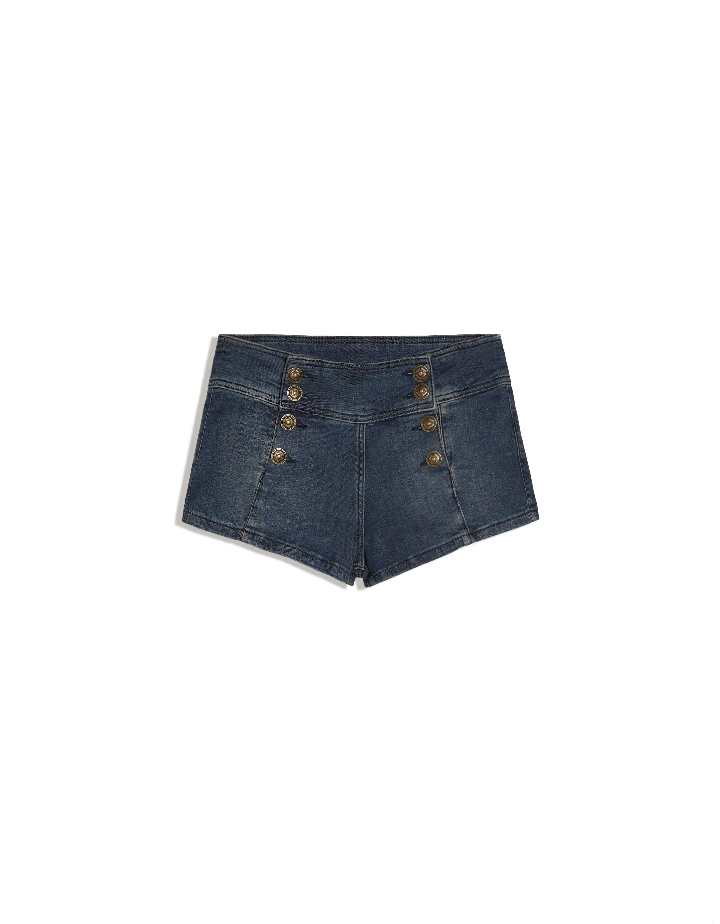 Denim mini shorts with buttons — Light blue