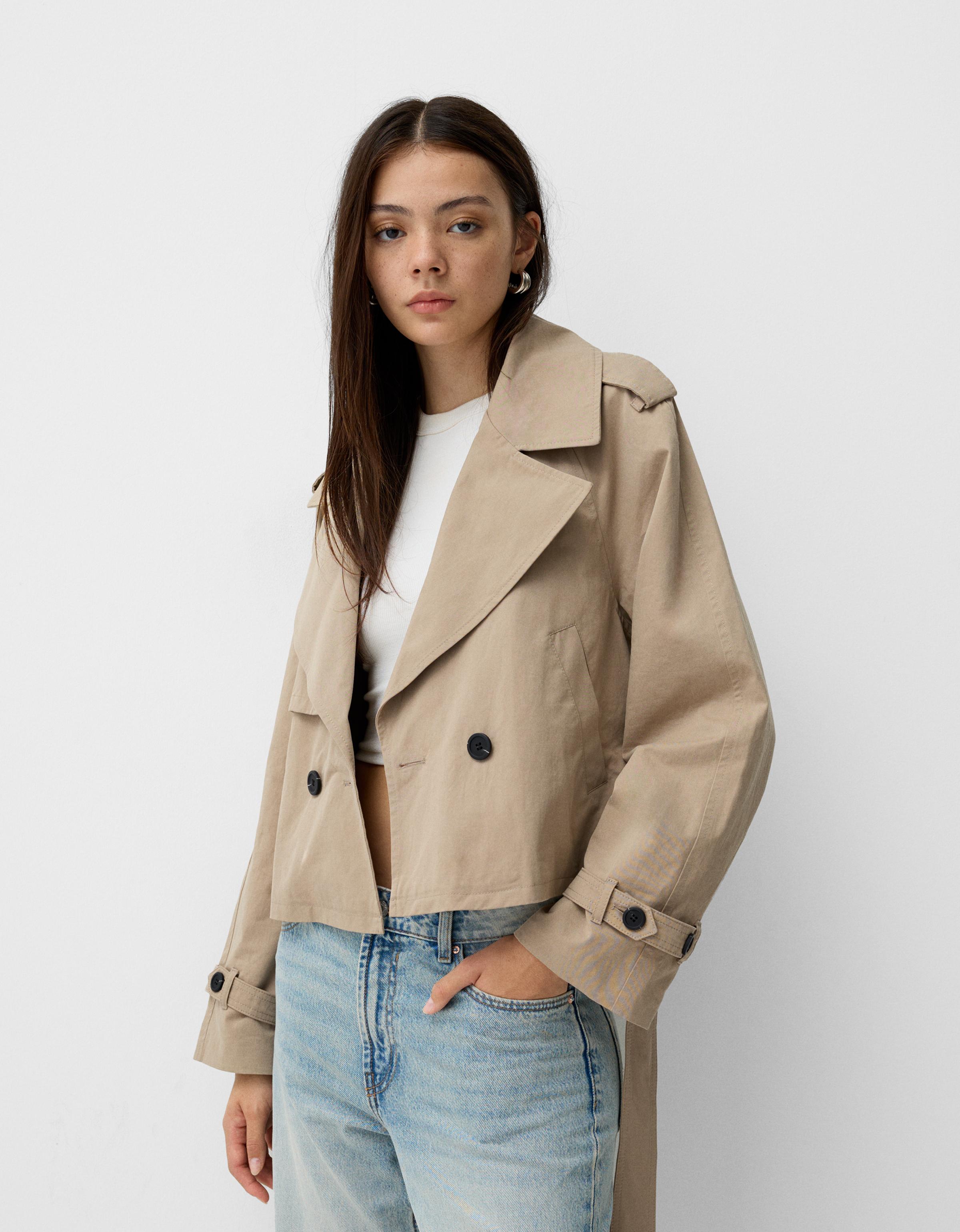 Bershka Kurzer Trenchcoat Mit Gürtel Damen M Grau