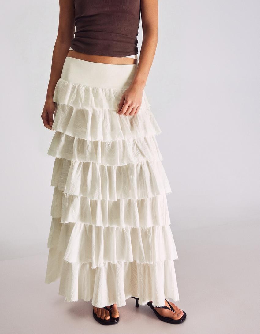 Saia midi rústica com babados-Off-white