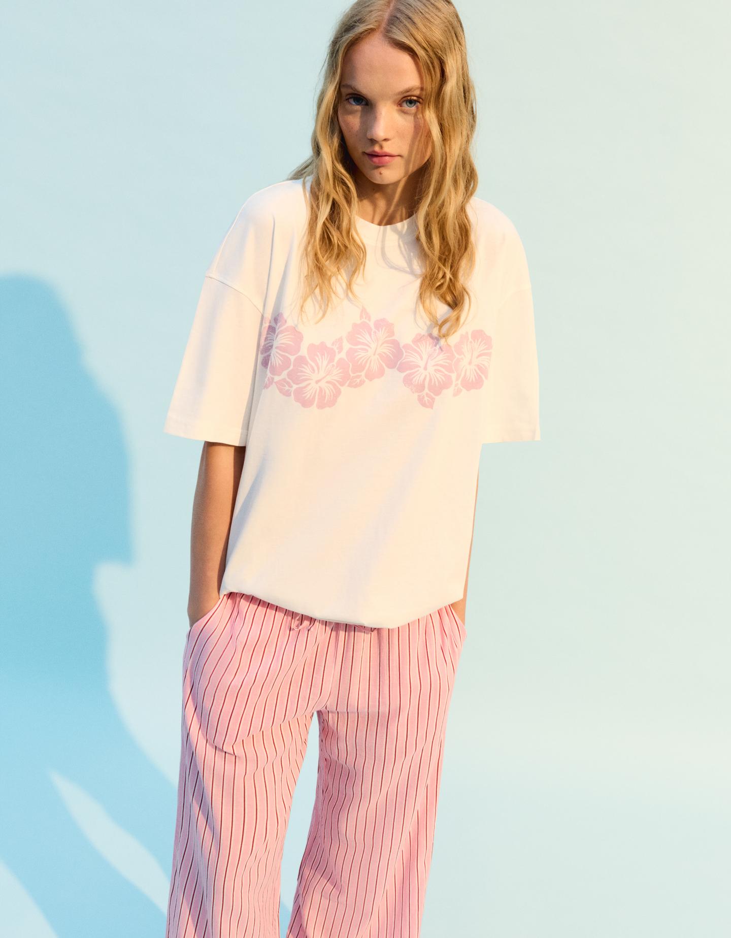 Bershka Maglietta A Maniche Corte Con Stampa Donna M Bianco Roto