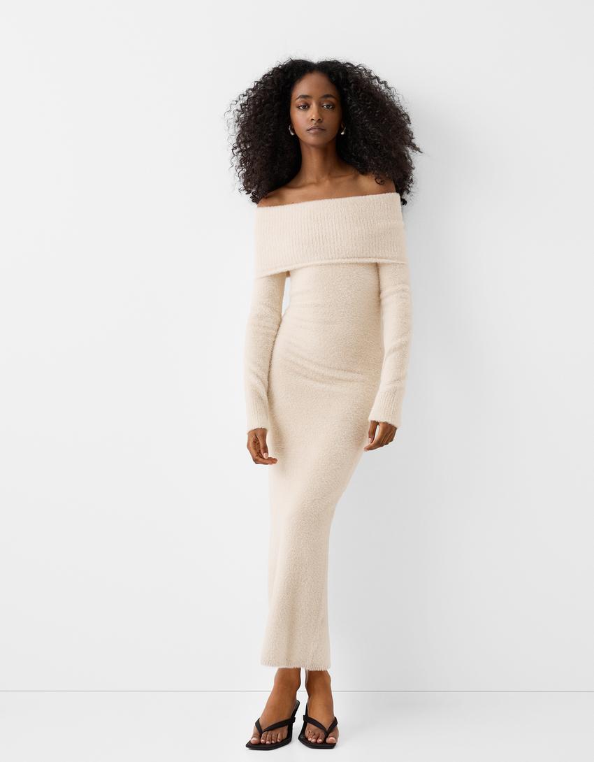 Fuzzy Bardot long sleeve midi dress - Women | Bershka