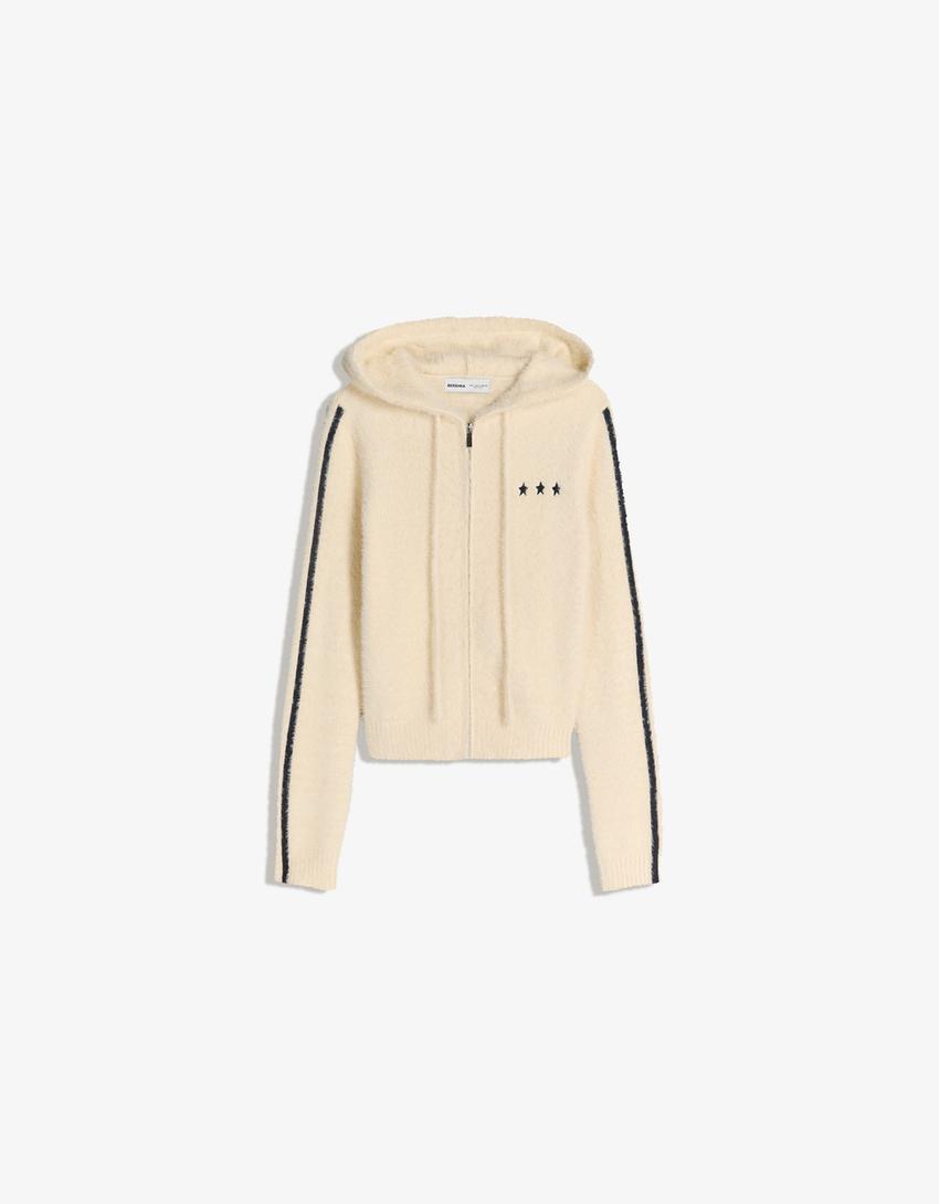 Chaqueta punto cremallera bordado-Crudo