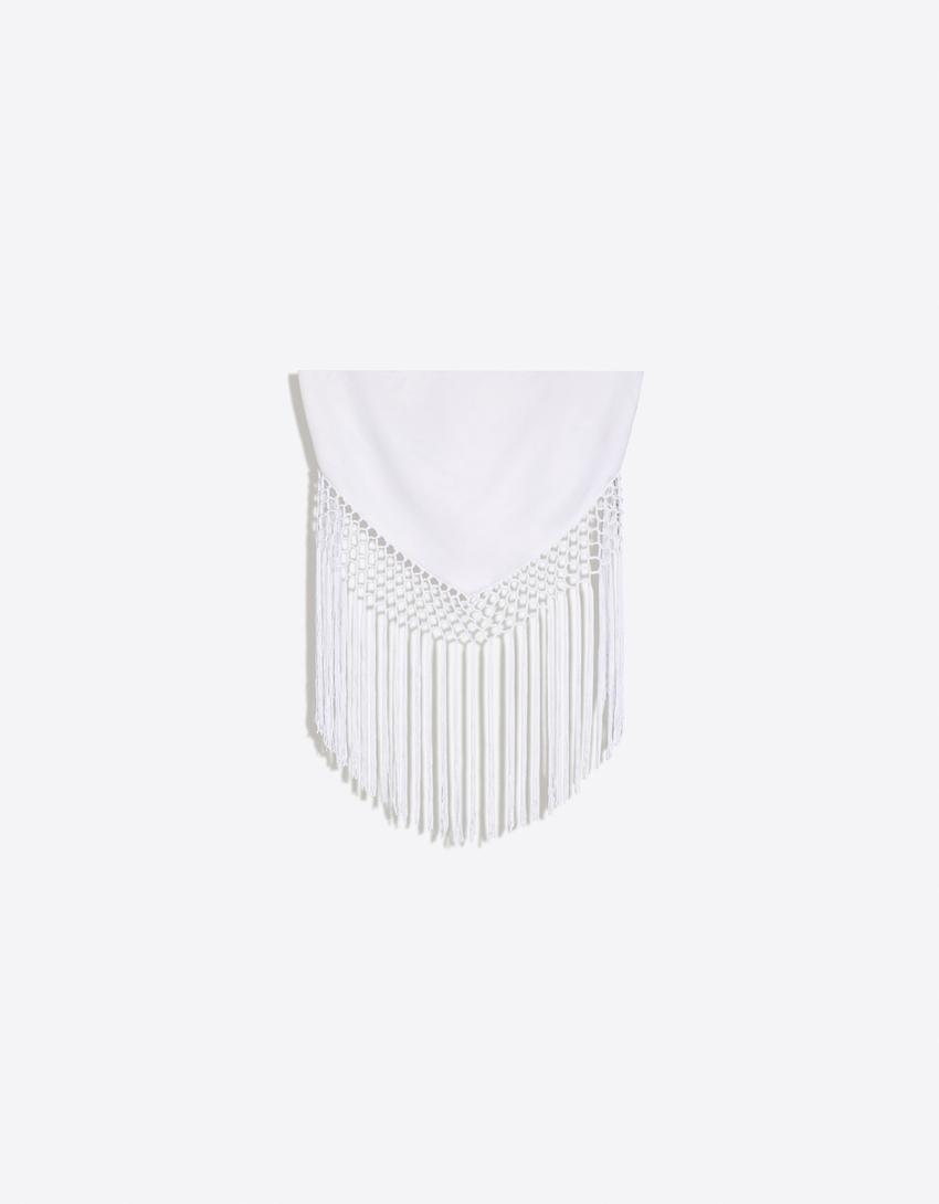 Jacquard bandeau top with fringe-White