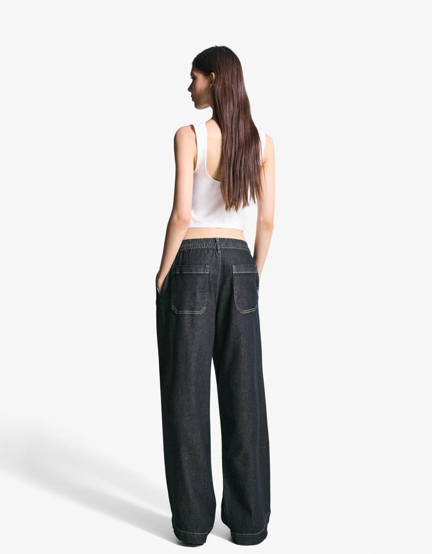 Jeansy wide z polaru-Granatowy-1