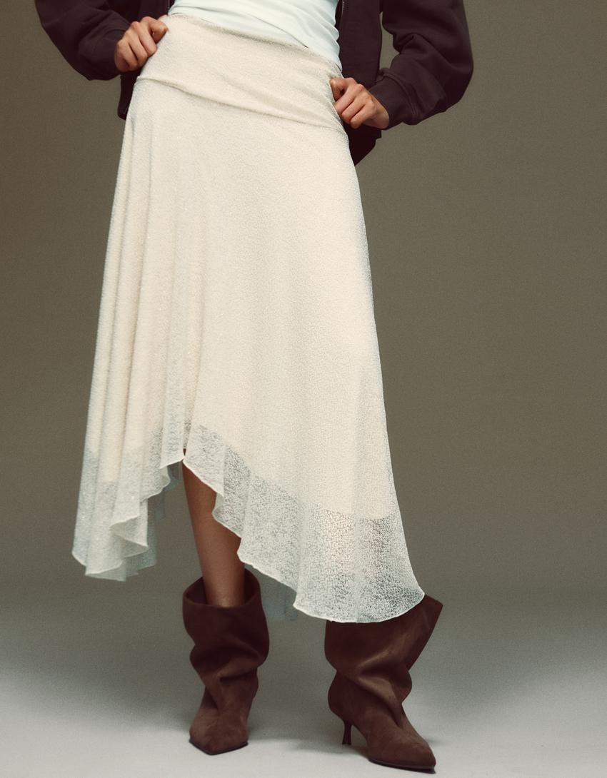 Parlak file midi etek-Krem