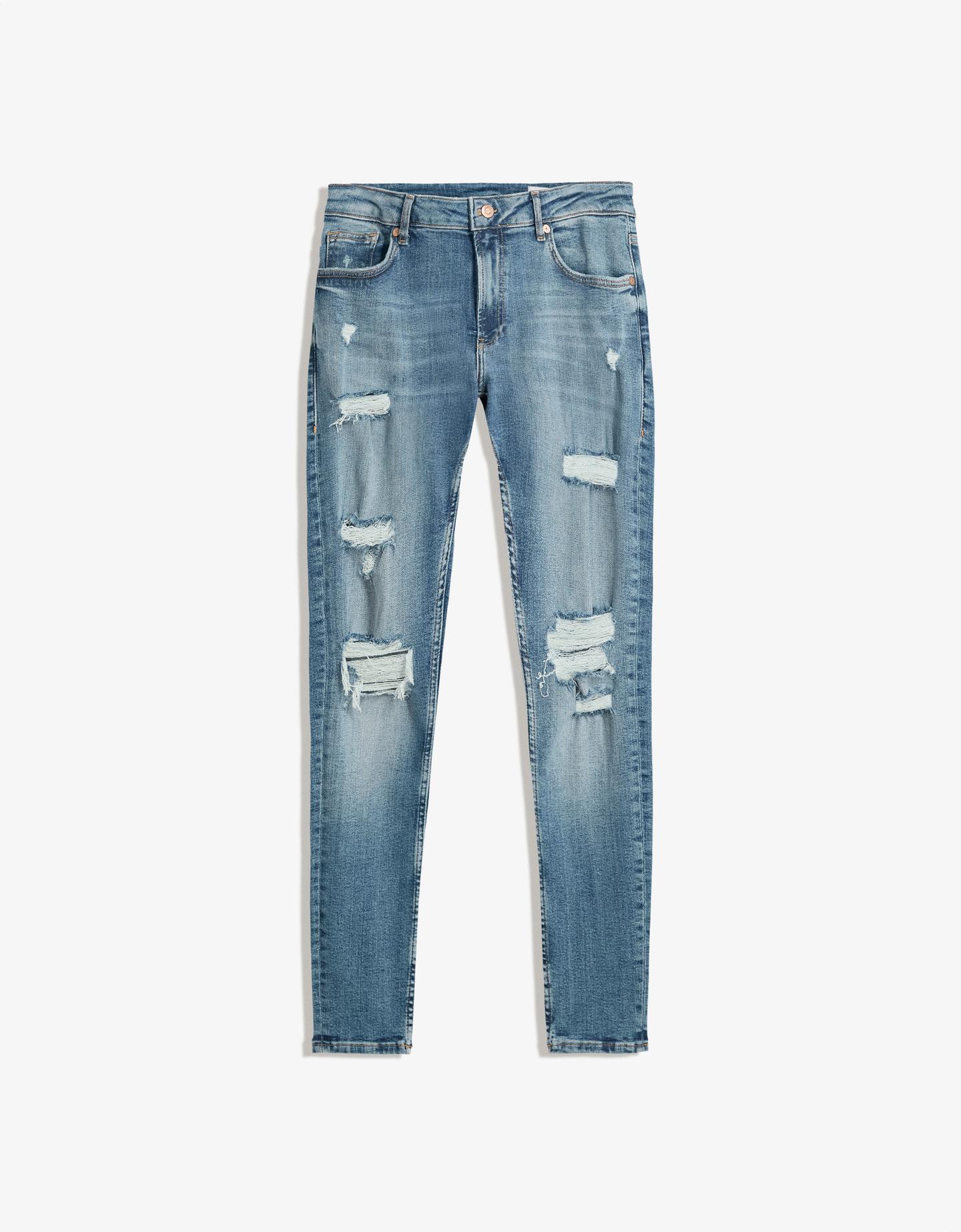 Bershka jeansy superskinny z dziurami wyblakły niebieski