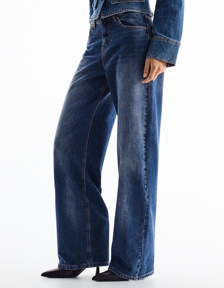 Geniş paça yüksek bel vintage yıkamalı jean-Mavi