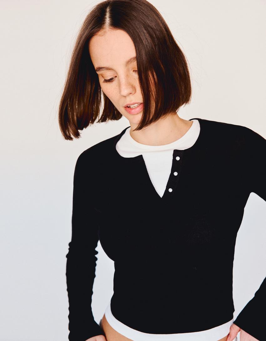 T-shirt manches longues col tunisien T-shirts et tops Femme