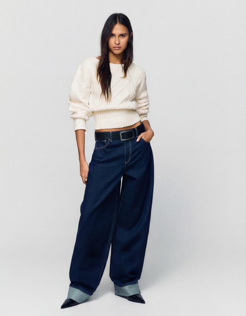 Kabeltrui met boothals-Ecru