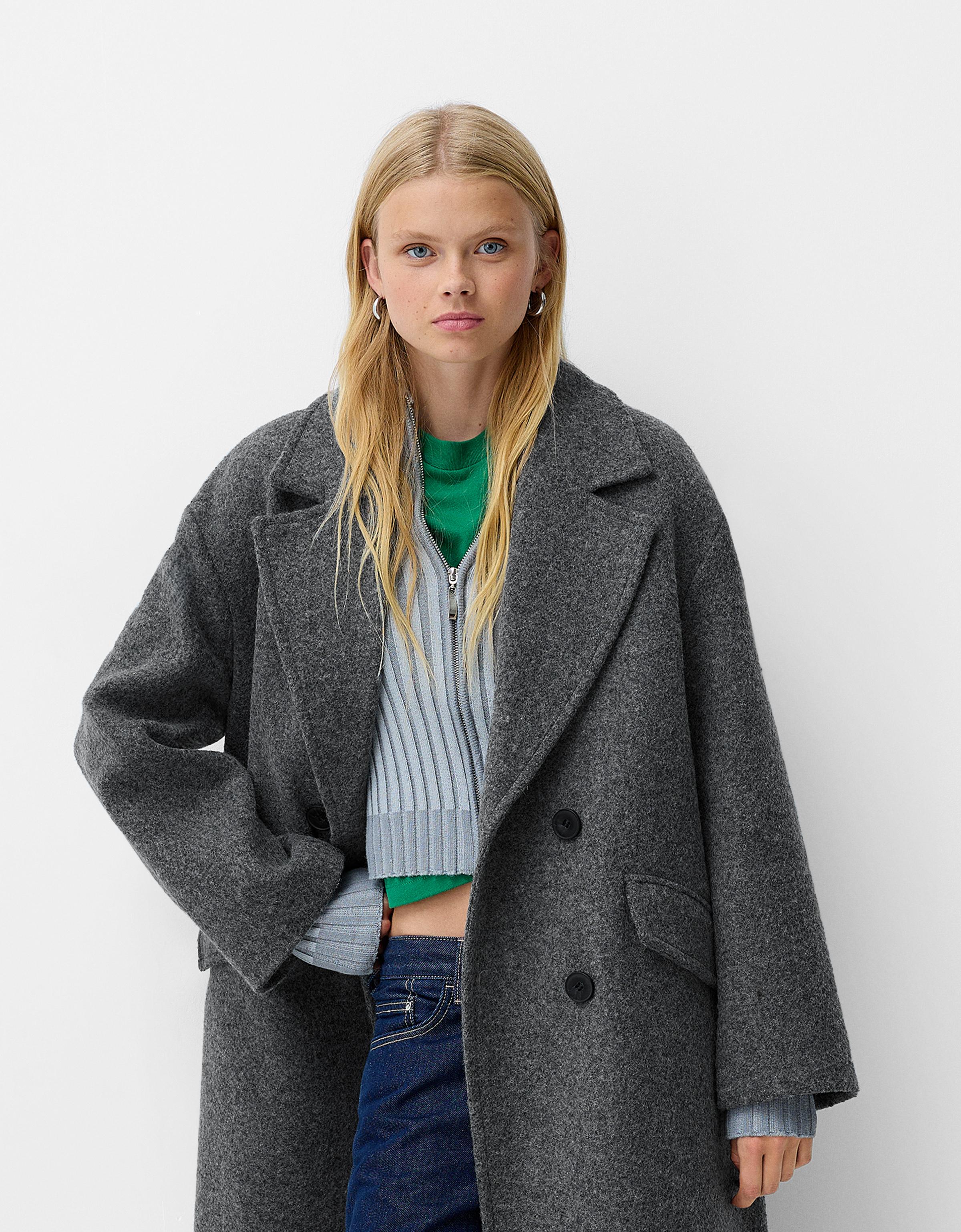 Bershka Langer Mantel Mit Fallender Schulternaht Damen L Grau