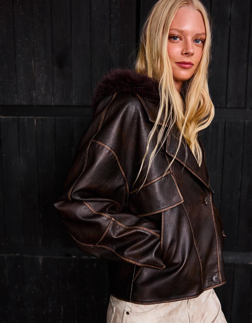 Veste en similicuir à revers-Marron